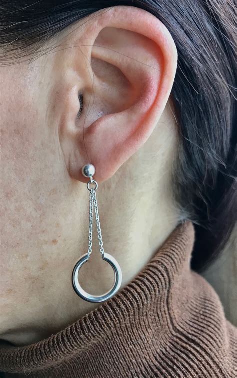 Silver Dangling Hoop Earrings Sterling Circle Earrings Chain