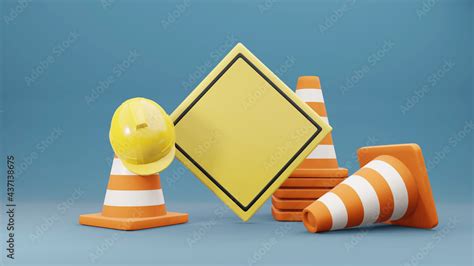 Traffic cones road cones safety helmet and road sign 3d rendering Stock ...