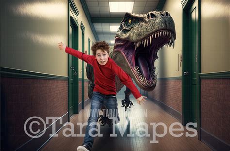 Funny Dinosaur Digital Backdrop T Rex Running In School Hallway