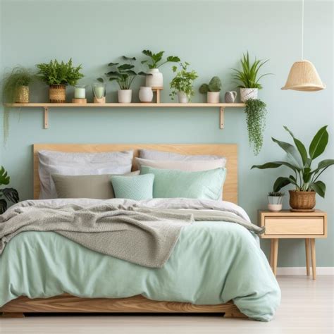 Premium Photo Wooden Shelf With Potted Houseplants Above Bed With