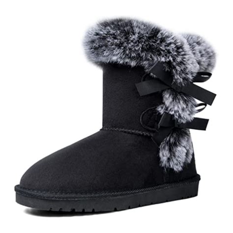 Pennysue Womens Stylish Winter Boots Mid Calf Black Faux Fur Lined