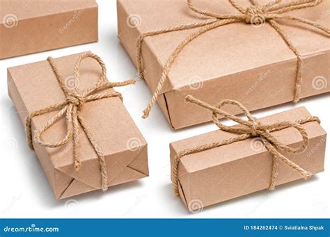 Parcels Wrapped Gift Boxes With Brown Kraft Paper And Tied With Twine