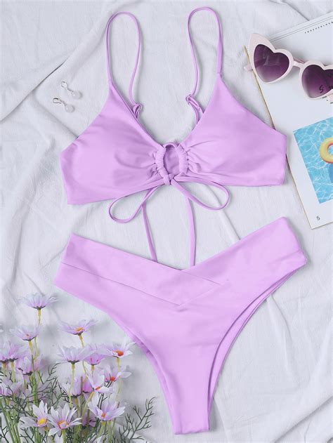 New High Elastic Bikini Set For 2023 Summer Two Pieces Solid Color Lace Up Sexy Women Swimsuit