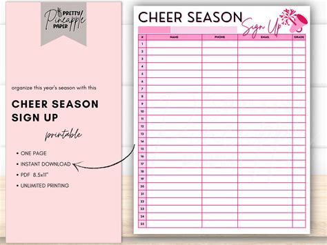 Printable Cheer Season Sign Up Sheet Instant Download Template Cheerleader Try Out