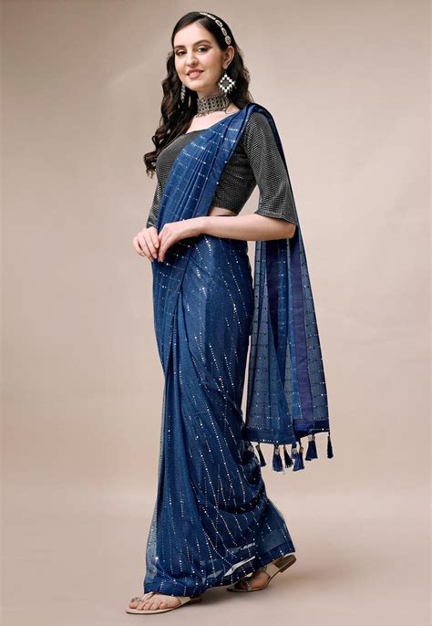 Buy Embellished Lycra Elastane Saree In Blue Online Sxta