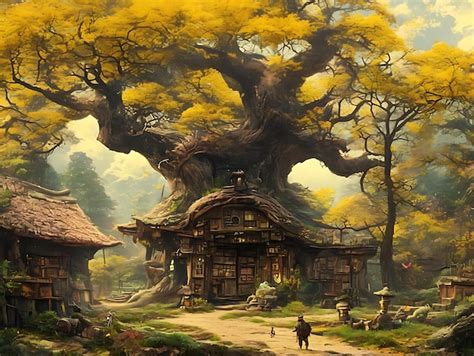 Enchanted Forest Village Illustration With A Large Tree And Houses