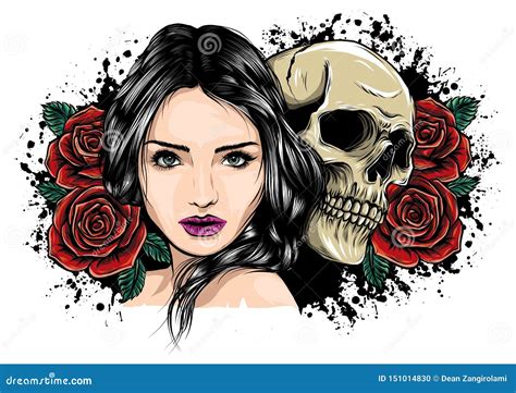 Girl With Skeleton Make Up Hand Drawn Vector Sketch Santa Muerte Woman Witch Portrait Stock