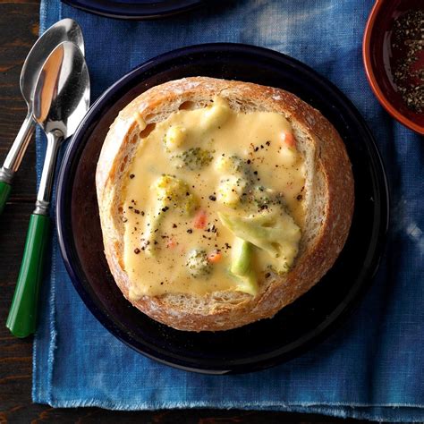 Cheesy Broccoli Soup in a Bread Bowl Recipe | Taste of Home