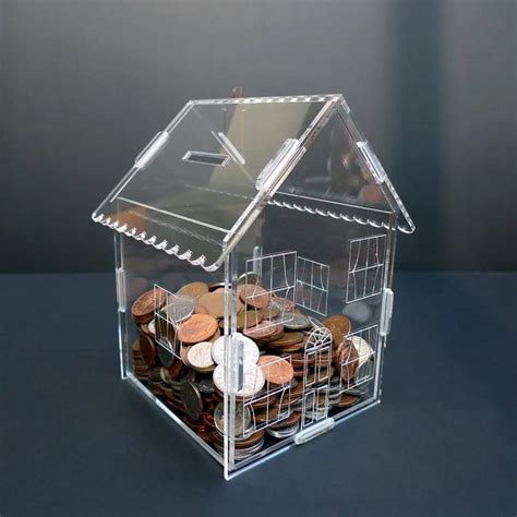 New Clear Acrylic House Shaped Coin Collection Box Plexiglass Money