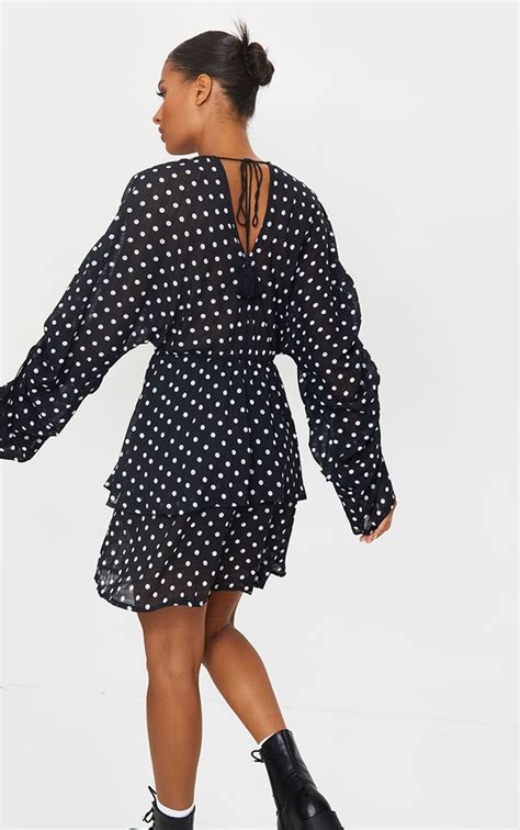 Black Polka Dot Ruched Sleeve Tiered Skater Dress Prettylittlething