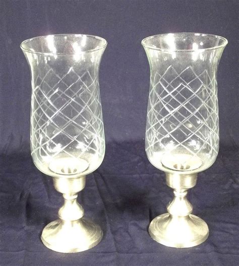 Pair Mid Century Classical Candle Holders With Etched Glass Hurricane