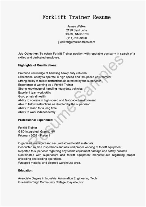 Resume Samples Forklift Trainer Resume Sample