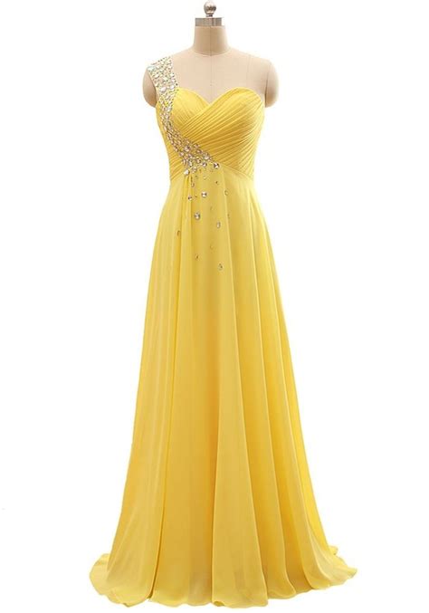 Elegant One Shoulder Yellow Chiffon Swarovski Crystals Mermaids And