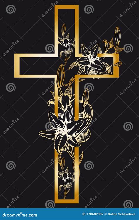 Christening Cross With Gold Lily 1 Vector Illustration Cartoondealer