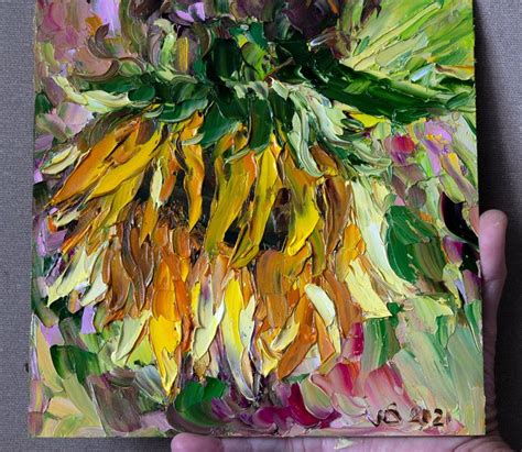 Old Sunflower Painting Original Art Impasto Floral Painting Small