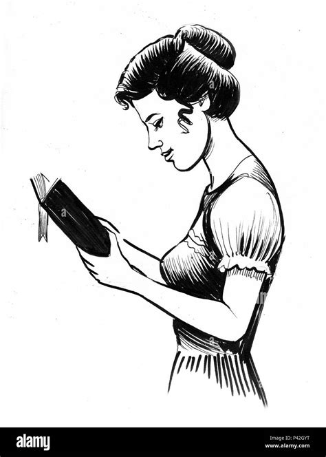 Pretty lady reading a book. Ink black and white illustration Stock ...