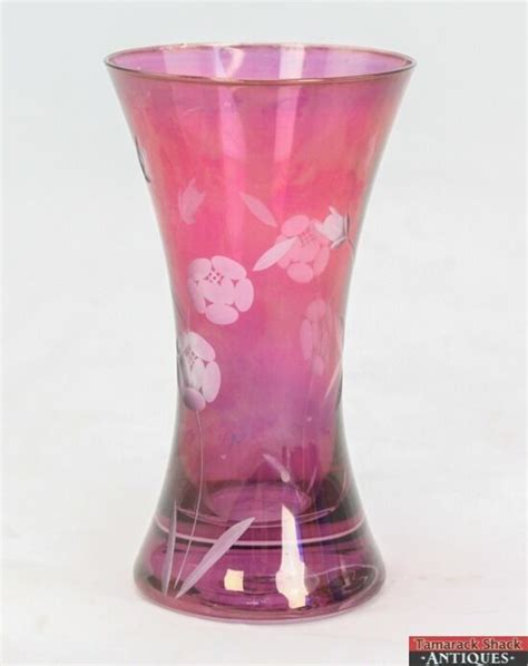 Vintage Hour Glass Shape Floral Etched Fine Cut Cranberry Glass Bud Vase L5y Tamarack Shack