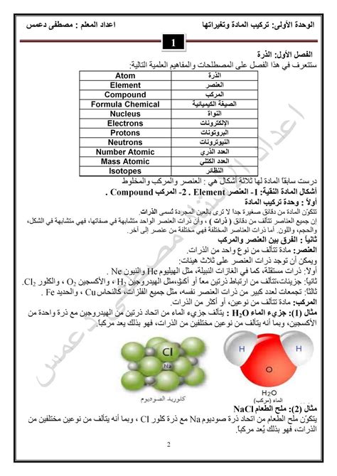 منهاج العلوم للصف السابع الوحدة الأولى تركيب المادة وتغيراتها الفصل