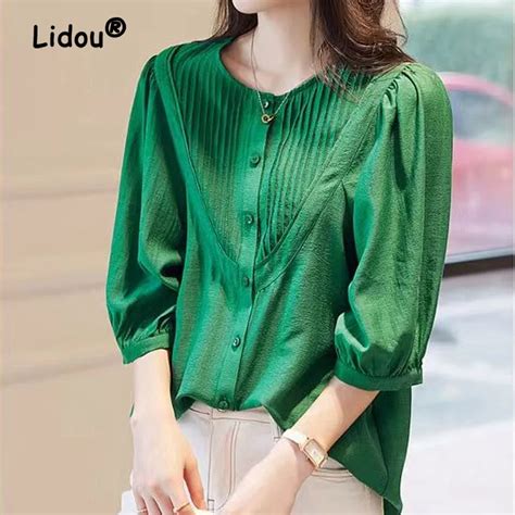 Elegant Fashion Solid Color Pleated Blouse Women Classic Half Sleeve