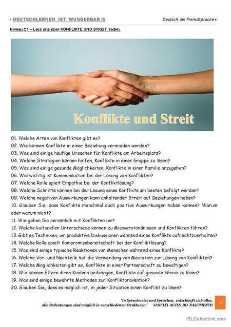 C1 Lass uns über KONFLIKTE UND STR Deutsch DAF Arbeitsblätter pdf doc