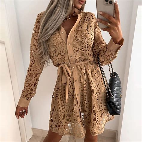 Womens Sexy Lace Hollow Out Shirt Dress Miggon