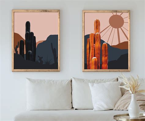 Set Of 2 Abstract Desert Wall Art Mid Century Modern Cactus Etsy