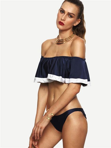 Shop Off The Shoulder Flounce Bikini Set Navy Online Shein Offers