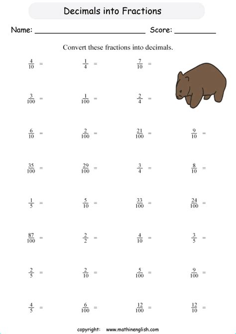 Grade 4 Math Worksheets Fractions Decimals