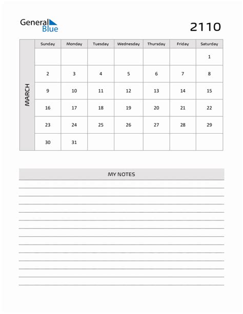 March 2110 Monthly Calendar (PDF, Word, Excel)