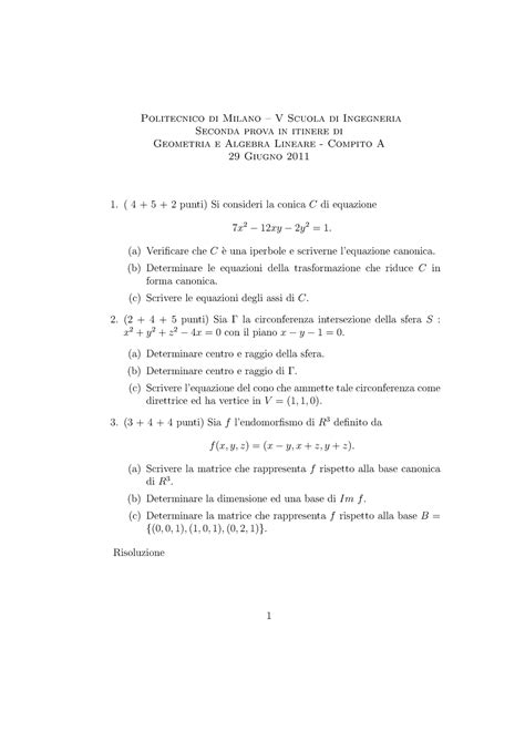 Esame 29 Giugno 2011 Testo Con Soluzioni Politecnico Di Milano V