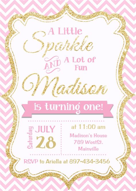 Pink and Gold invitation Gold Glitter Invitation 1st