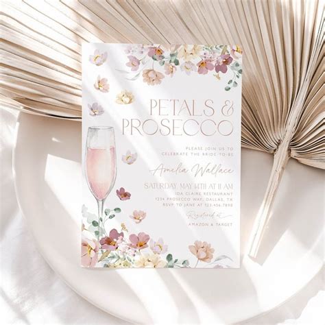 Petals And Prosecco Bridal Shower Invitation Pink Pastel Petals And