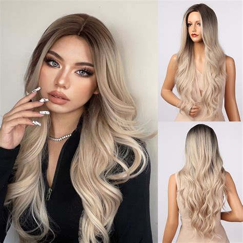 Henry Margu Long Wavy Ombre Brown Platinum Blonde Synthetic Wigs For