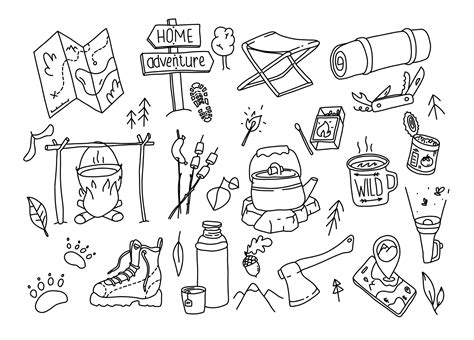 Camping Outdoor Doodle Set Hand Drawn Hiking Illustration Wild