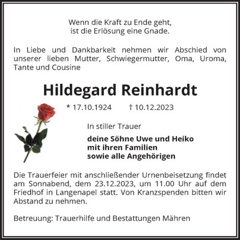 Traueranzeigen Von Hildegard Reinhardt Abschied Nehmen De