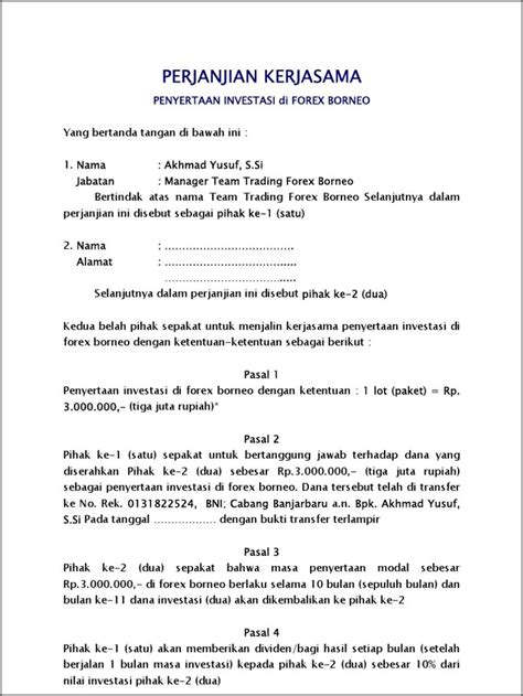 Contoh Surat Perjanjian Kerjasama Penanaman Modal Usaha Set Kantor Riset