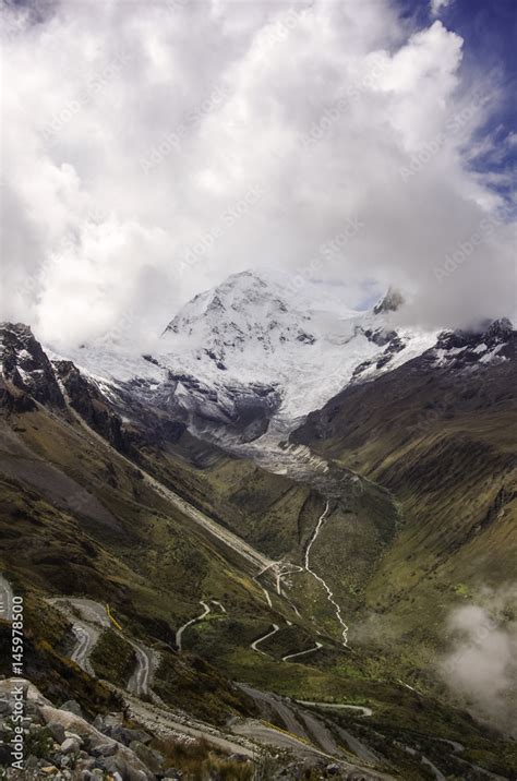 Mountain pass in Huascaran National Park, with Huascaran mount at ...