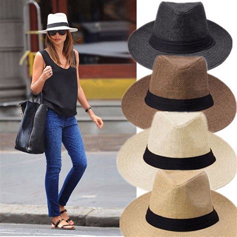 Men Women Fedora Panama Wide Brim Trilby Straw Cap Sun Hat Beach Summer