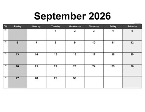 Free September 2026 Calendar | Printable PDF, XLS, PNG Formats