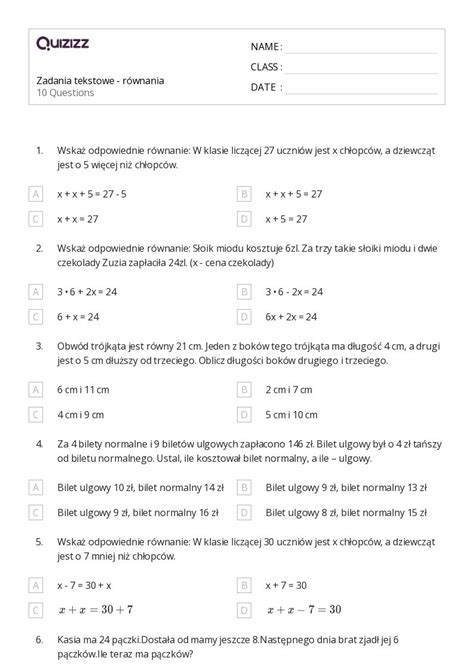 Ponad Zadania Tekstowe Z Matematyki Arkuszy Roboczych Dla Klasa