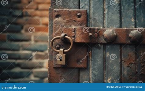 Rusty Old Padlock On Weathered Steel Door Symbolizes Ancient Security