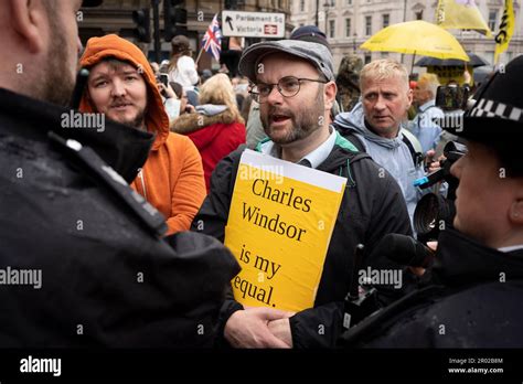 A Members Of The Anti Monarchist Group Republic Argue With Met Police