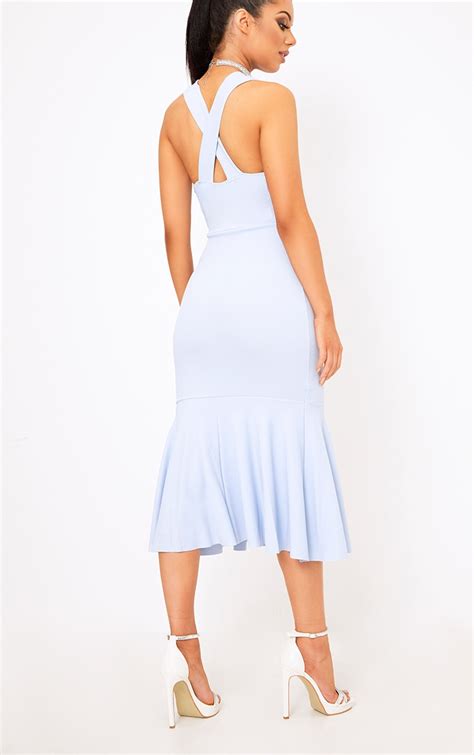 Dusty Blue Plunge Fishtail Midi Dress Dresses Prettylittlething Usa