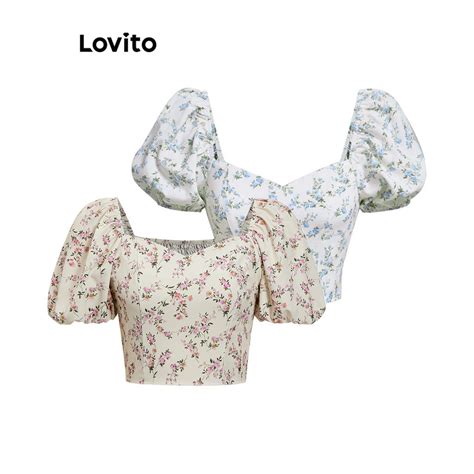 Lovito Casual Ditsy Floral Puff Sleeve Blouse For Women L67ad006 White