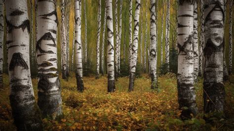 Beautiful Birch Forest Surrounded By Autumn Trees Background Birchwood