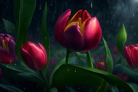 Premium AI Image | Tulips in the rain wallpaper