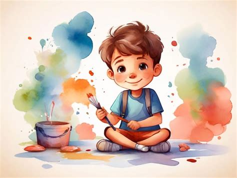 Premium Photo Cartoon Boy Painting Watercolor Illustration