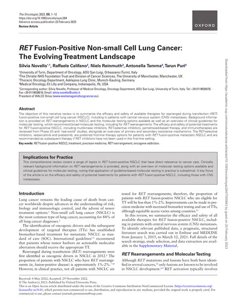 Pdf Ret Fusion Positive Non Small Cell Lung Cancer The Evolving