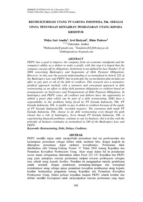 Pdf Restrukturisasi Utang Pt Garuda Indonesia Tbk Sebagai Upaya