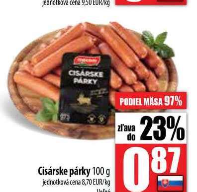 Bravčové zlaté párky cena za 100 g v akcii Zlacnene sk